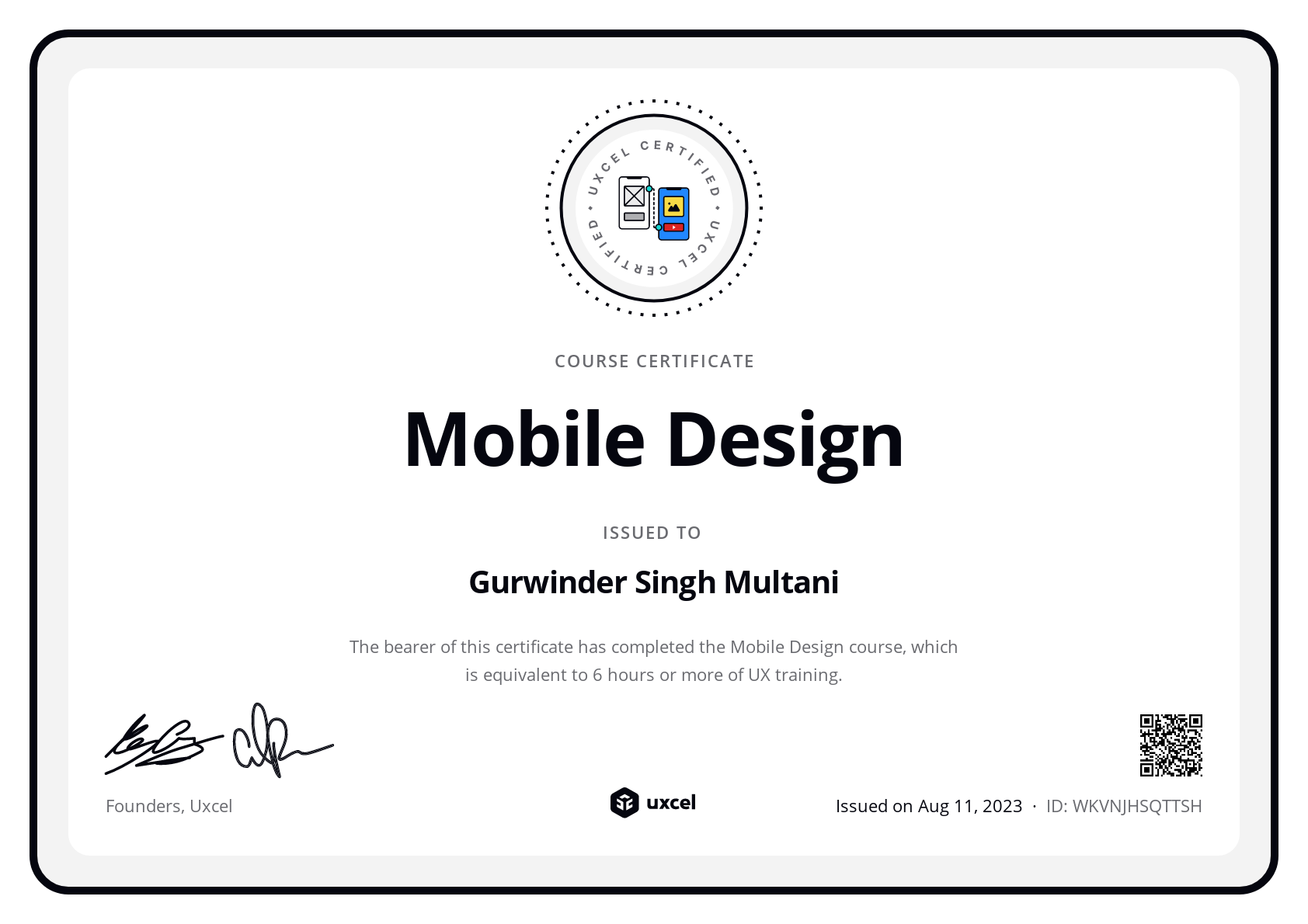Gurwinder Singh Multani's certificate